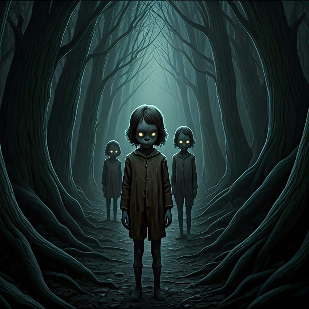 Ethereal Gothic Children in a Haunting Forest