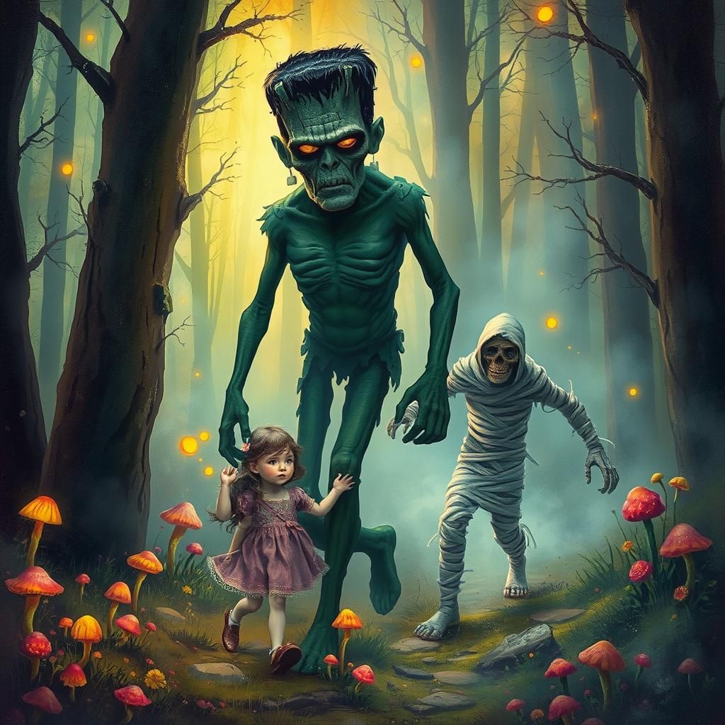 Frankenstein and Girl in Mystical Forest, Graffiti Art