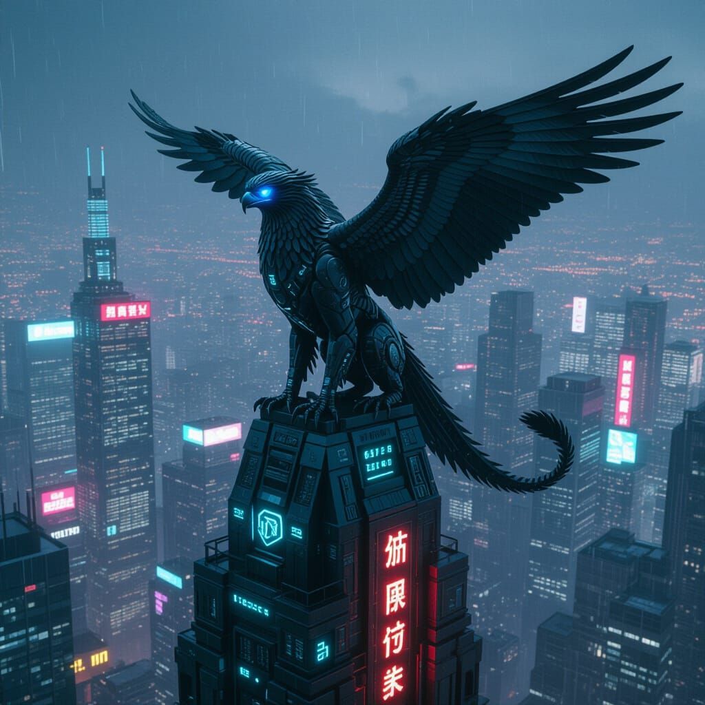 Cybernetic Griffin on Neon Skyscraper