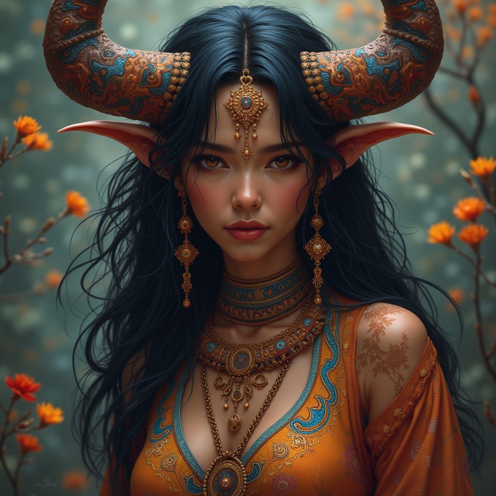 Surreal Demon Goddess in Vibrant, Mystical Realm