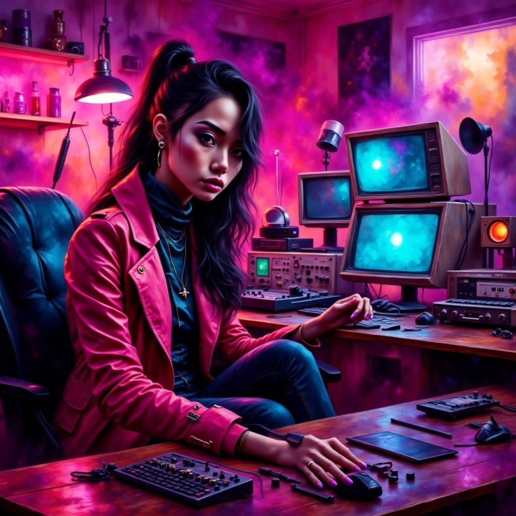 Graphic Designer in Retro-Futuristic Studio with Neon Accent...