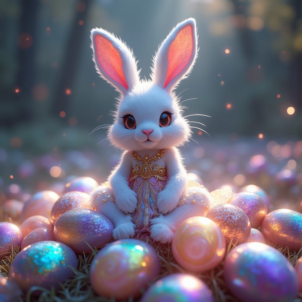 Ethereal Goddess Ostara Enthroned with Holographic Rainbow B...