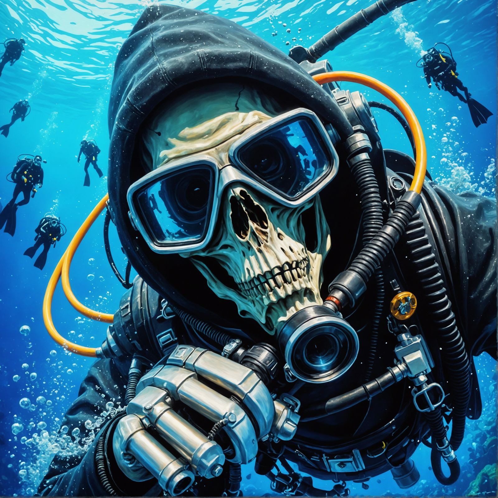 Cartoon Grim Reaper as Underwater Scuba Diver