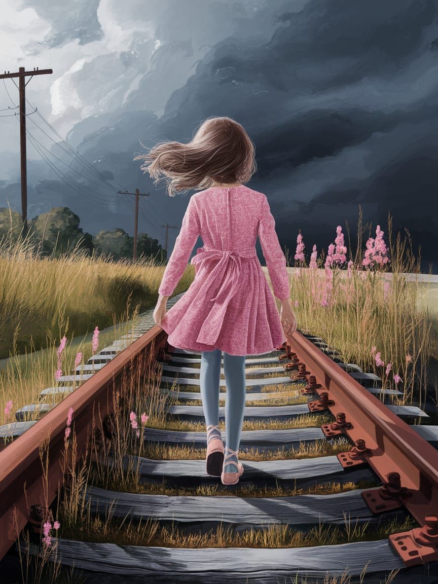 Girl Walks Along Abandoned Railway Track in Whimsical Landsc...