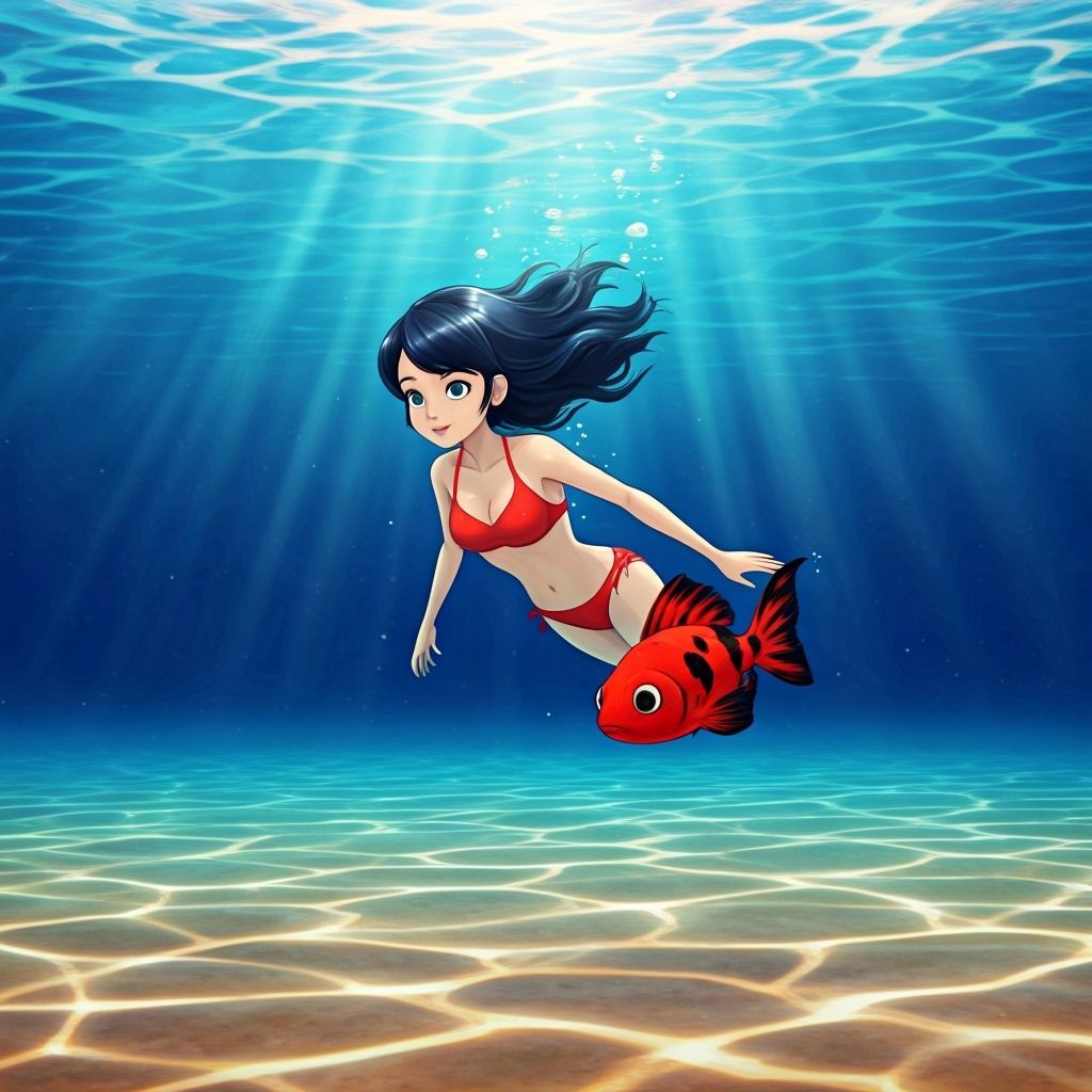 Marinette Swims Underwater with Red Fish in Vibrant Ocean