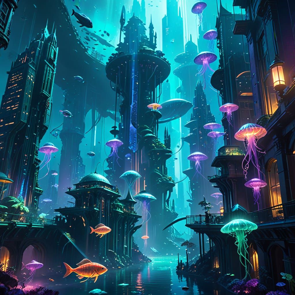 Atlantis Cityscape in Bioluminescent-Inspired Art Style