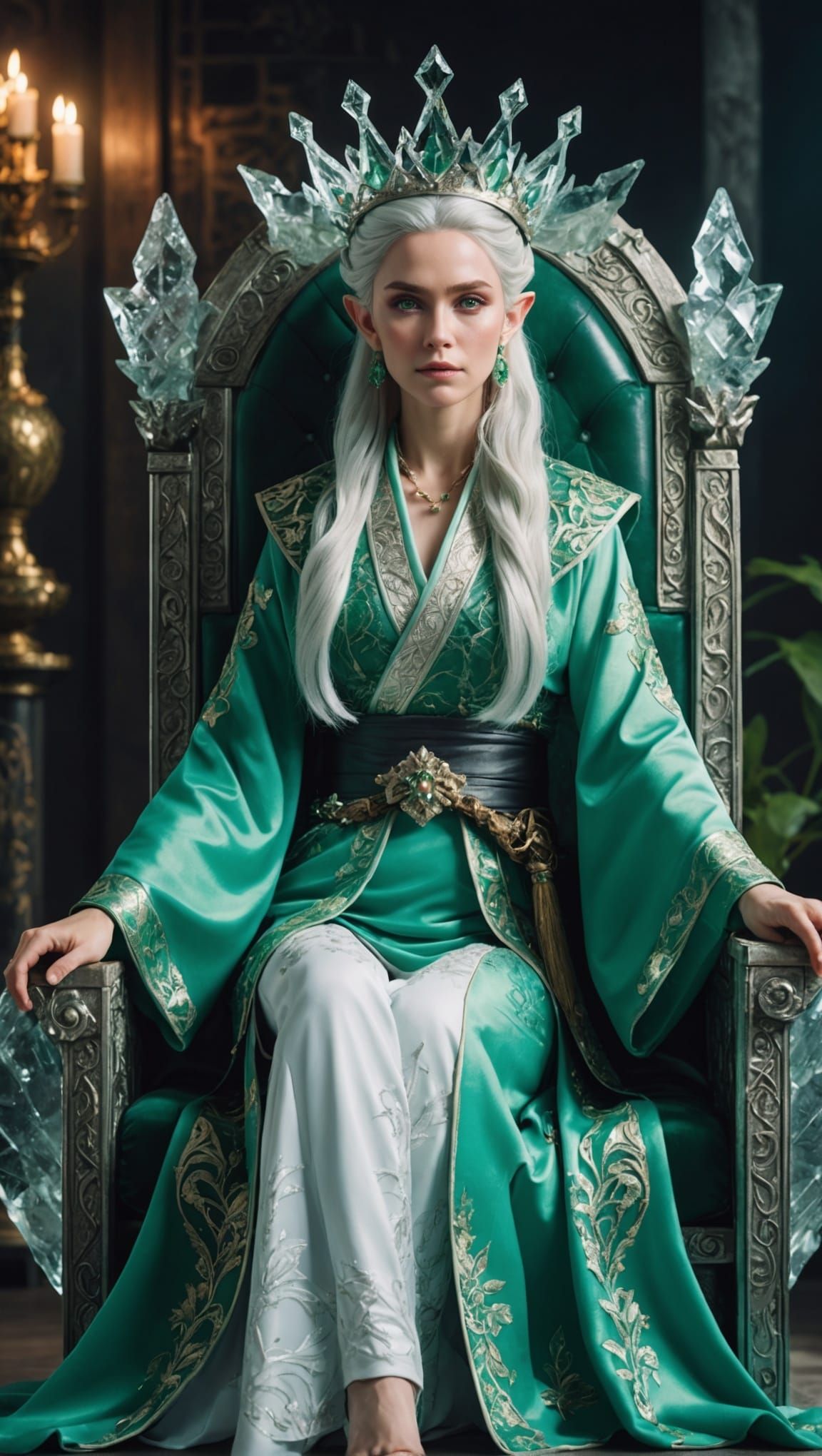 Icy Throne: Elf Queen in Japanese Kimono