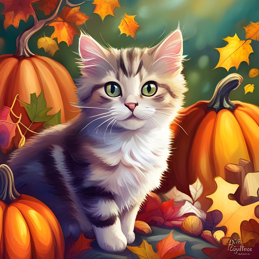 Adorable Tabby Cat in Autumn Leaves, Digital Art