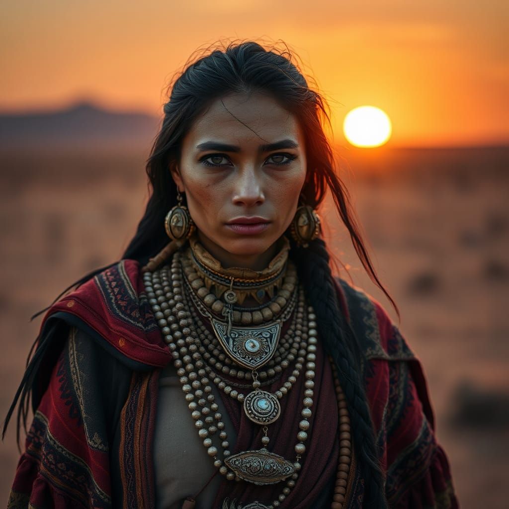 Nomadic Tribeswoman in Arid Landscape, Hyperrealistic Detail