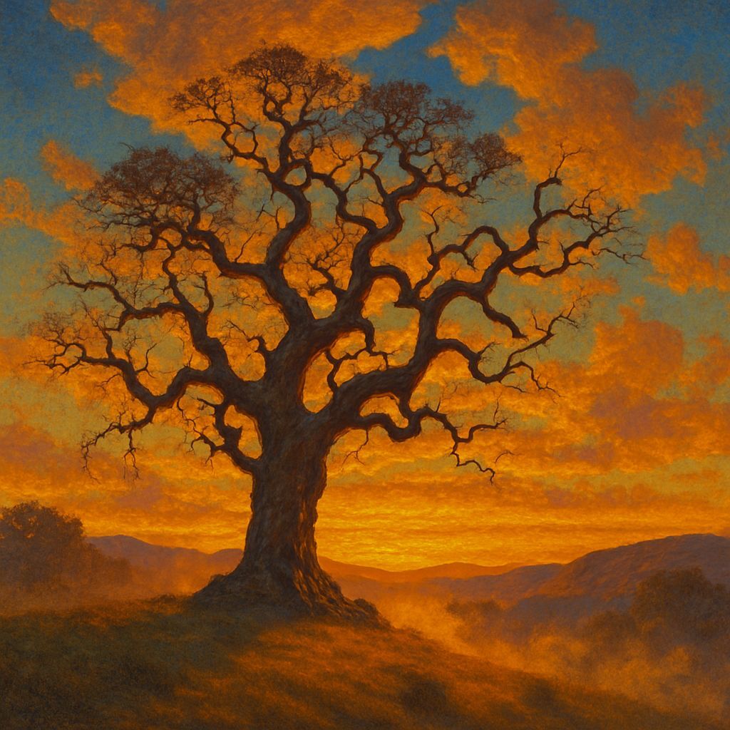 Oak Tree Sunset in Golden Age Illustration Style