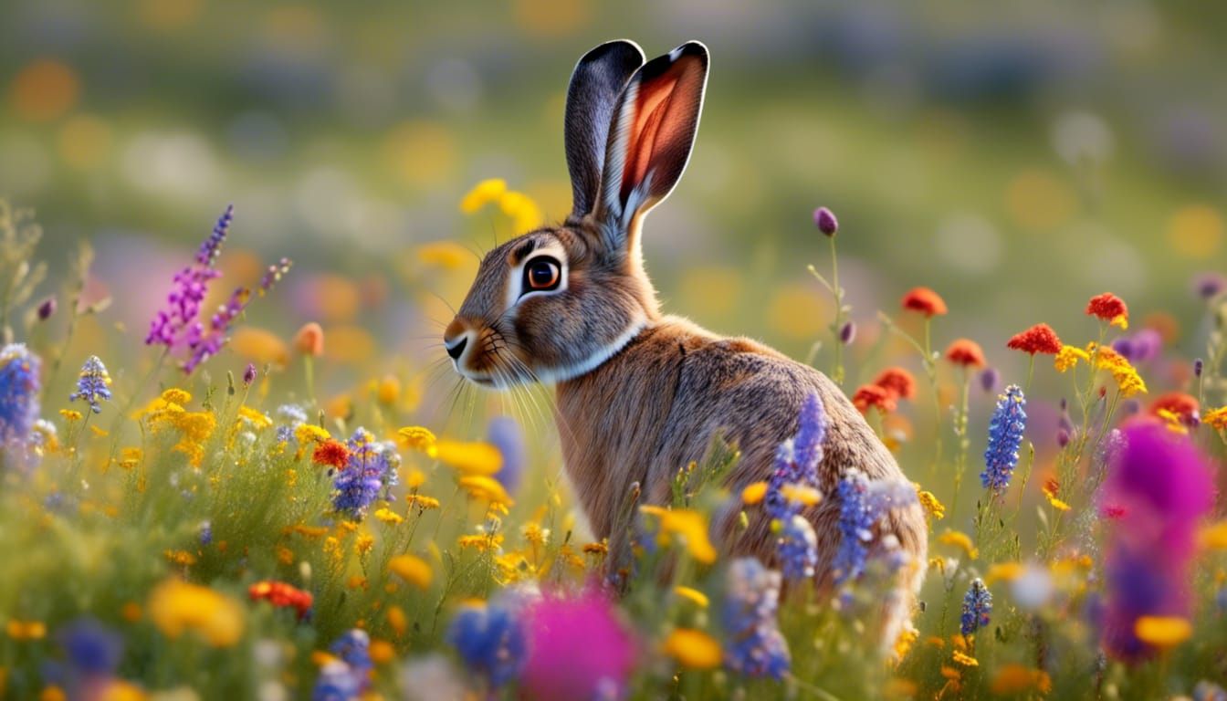 Giant Hare in Wildflower Meadow: Photorealistic Wildlife