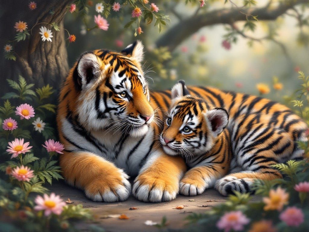 Cute Tiger Cub Cuddles Baby Zebra Under a Vibrant Jungle Tre...