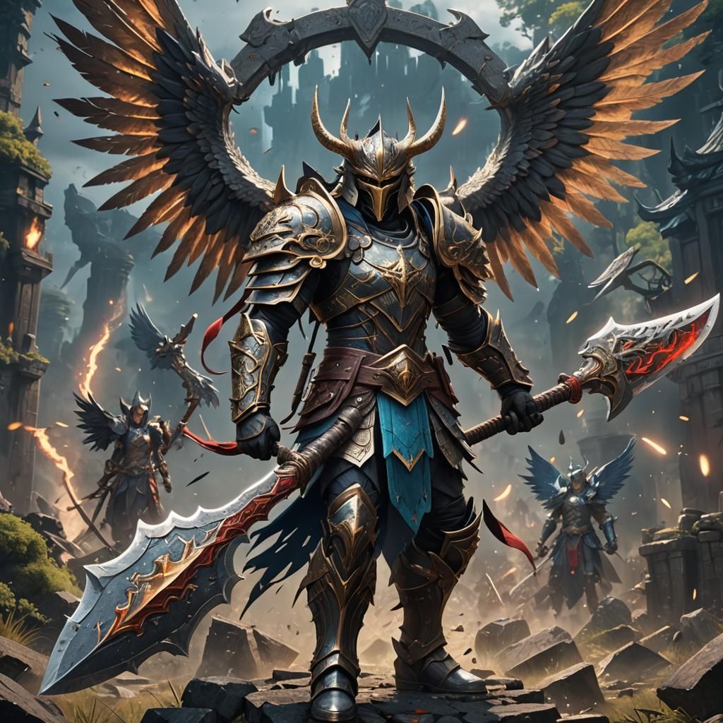 Anime Winged Warrior with Axe in Detailed Matte Painting