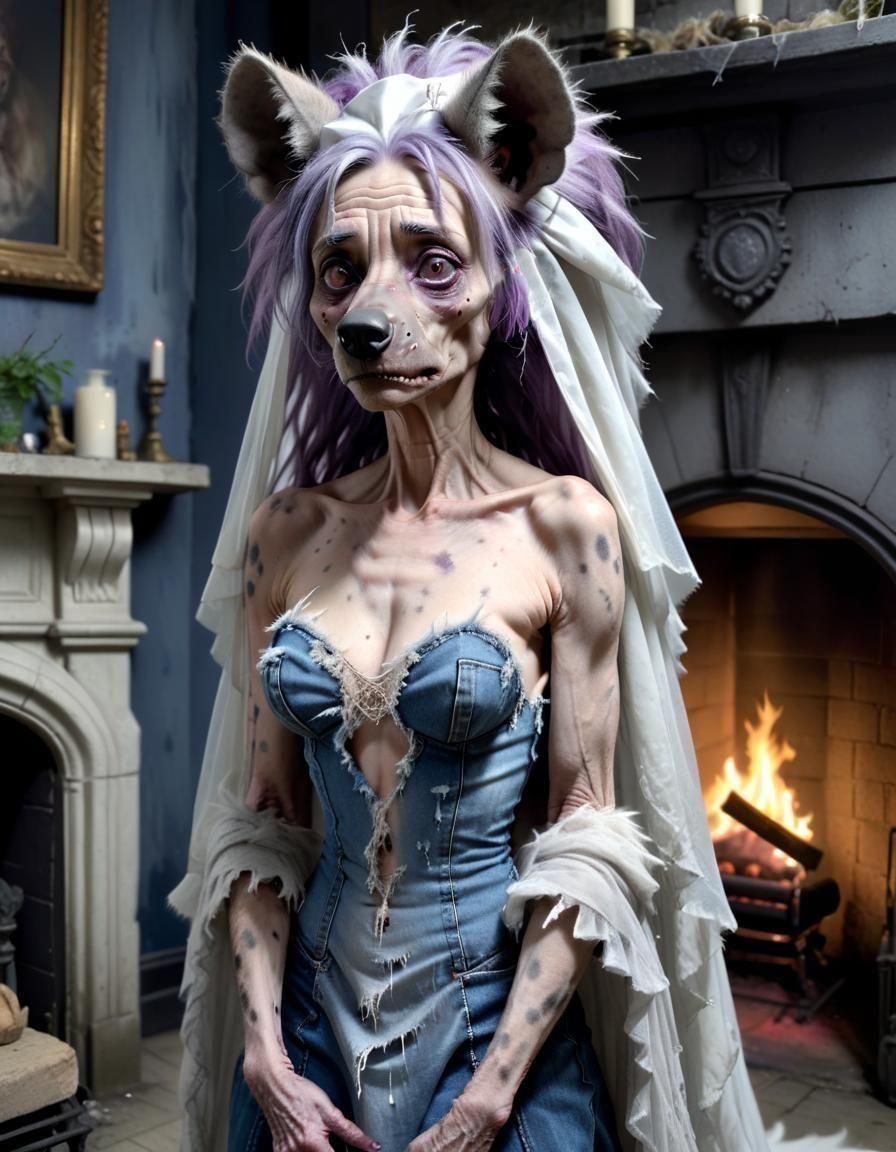 Furry She-Hyena with Purple Hair in Cobwebs