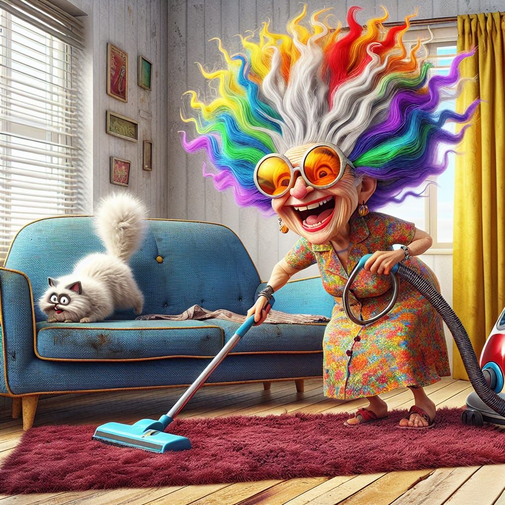 Cartoon Grandma Vacuuming in a Whimsical Living Room