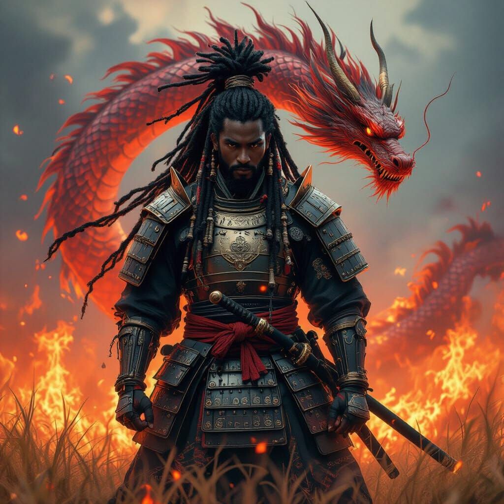 African Samurai Warrior with Dragon Amidst Fiery Flames