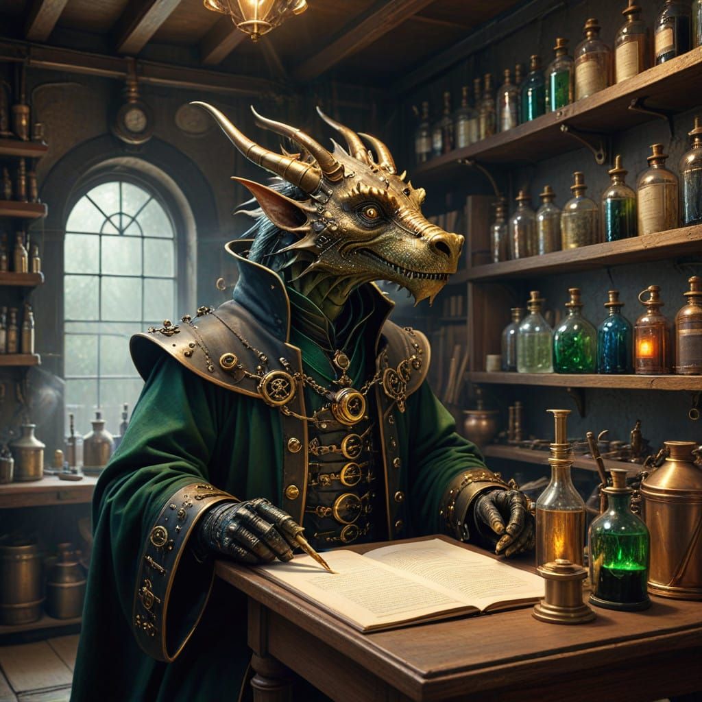 Steampunk Wizard Brews Potion in Enchanted Laboratory