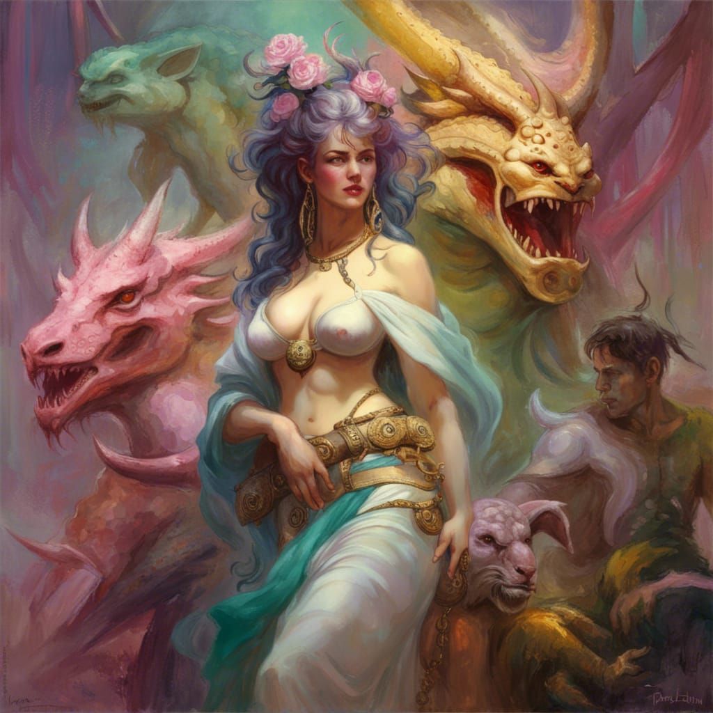 Dragon Priestess Seduces Acolytes: Vaporwave Art
