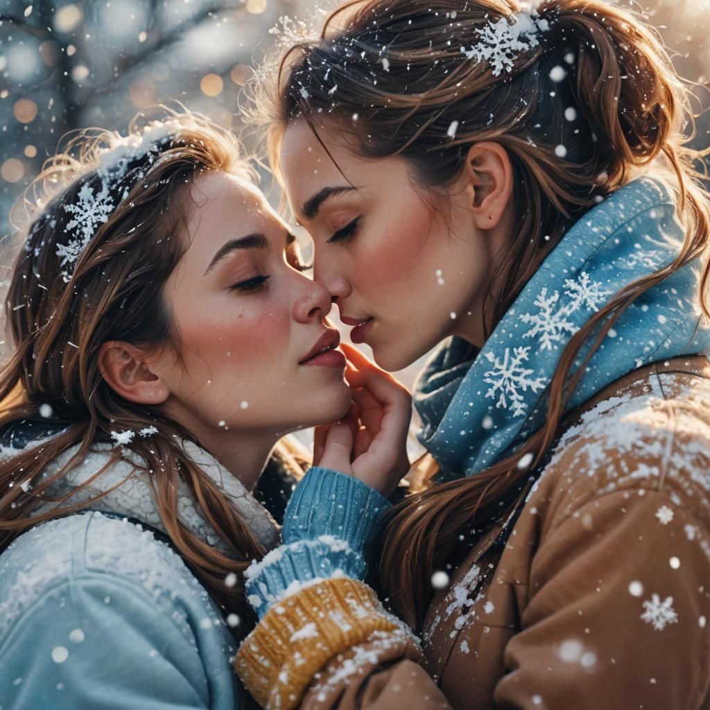 Two Women Kissing in Snowy Winter Wonderland