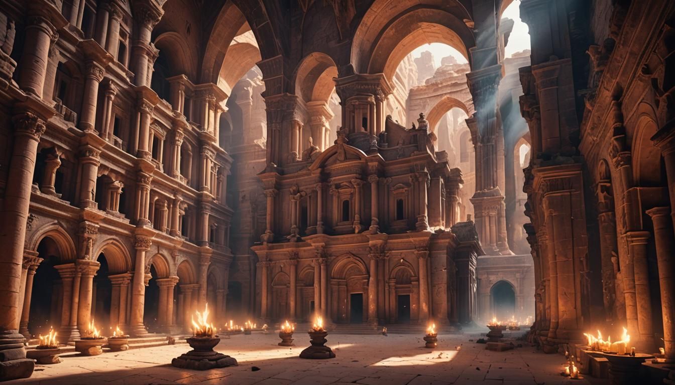 Cinematic Petra Cathedral Cloister with Flying Djinn