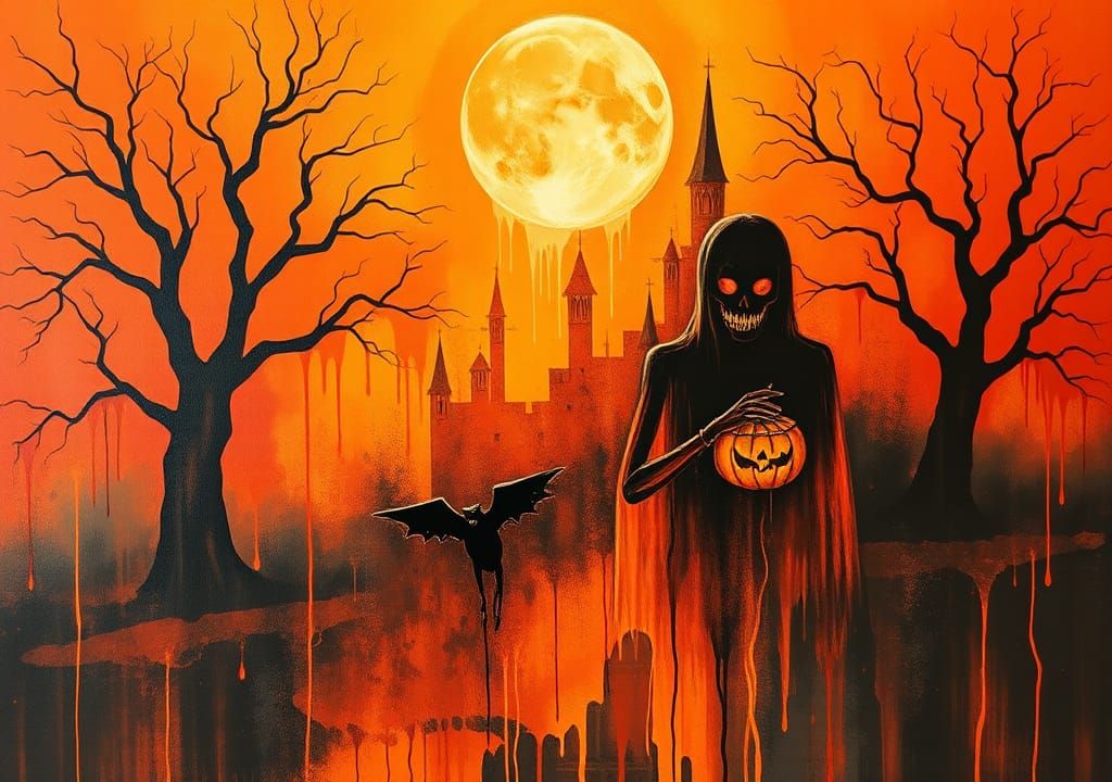 Halloween Double Exposure in Surreal Gouache Painting