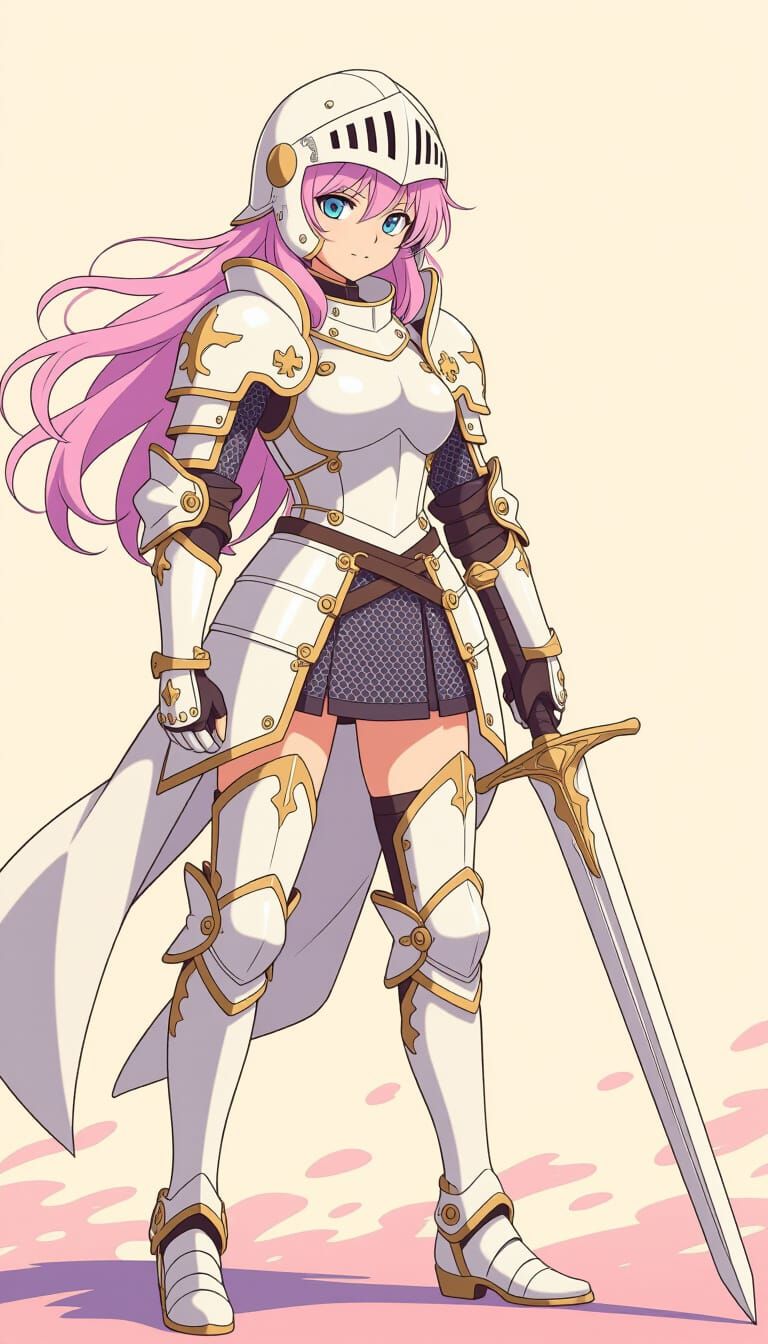 Anime Knight Girl in White Armor with Sword