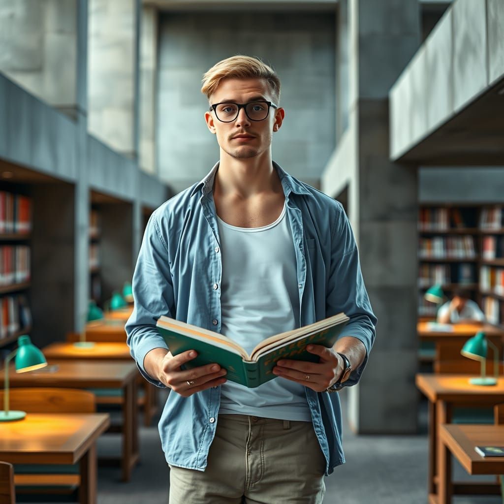 Man Browsing Books in Brutalist Library, Photorealistic