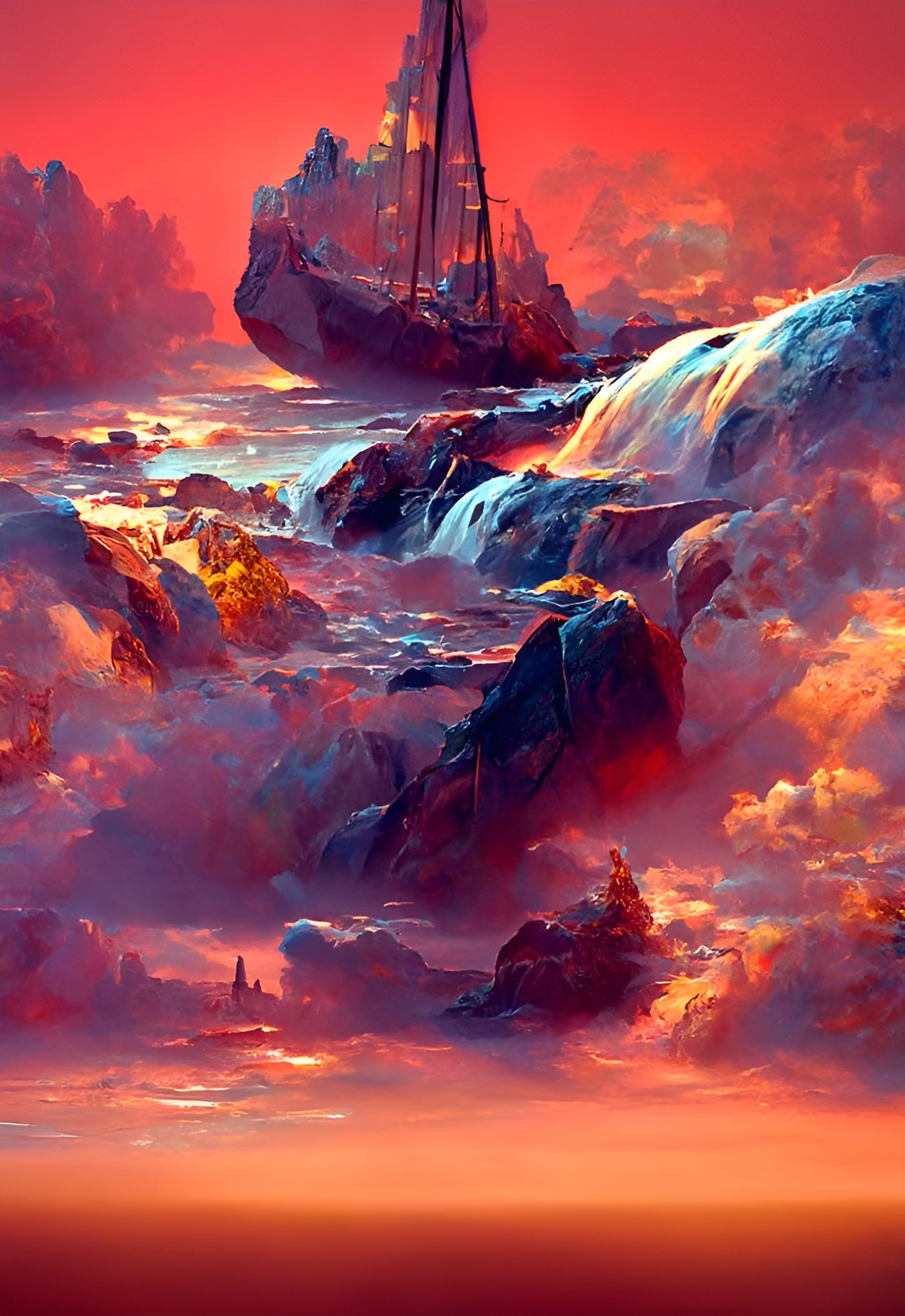 Ship Sails Dark Seas in Romantic Hyperrealism