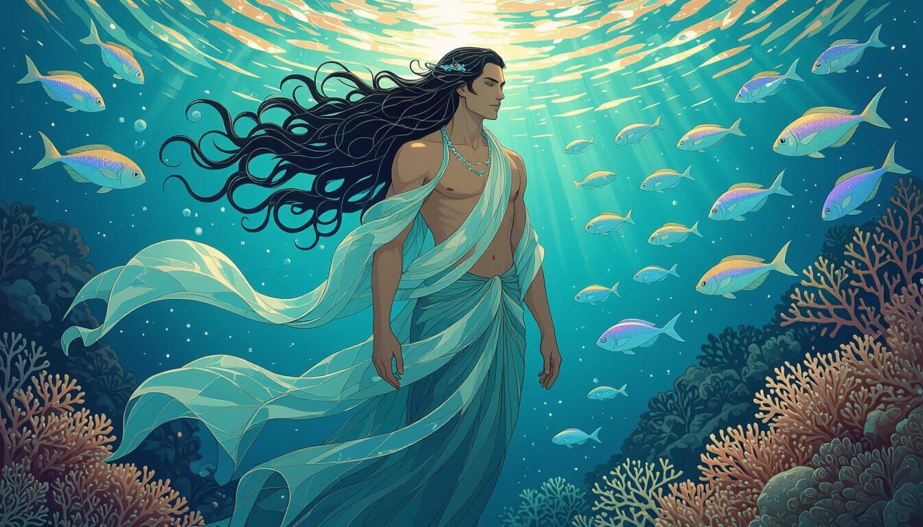 Merman in Coral Kingdom, Art Nouveau Style