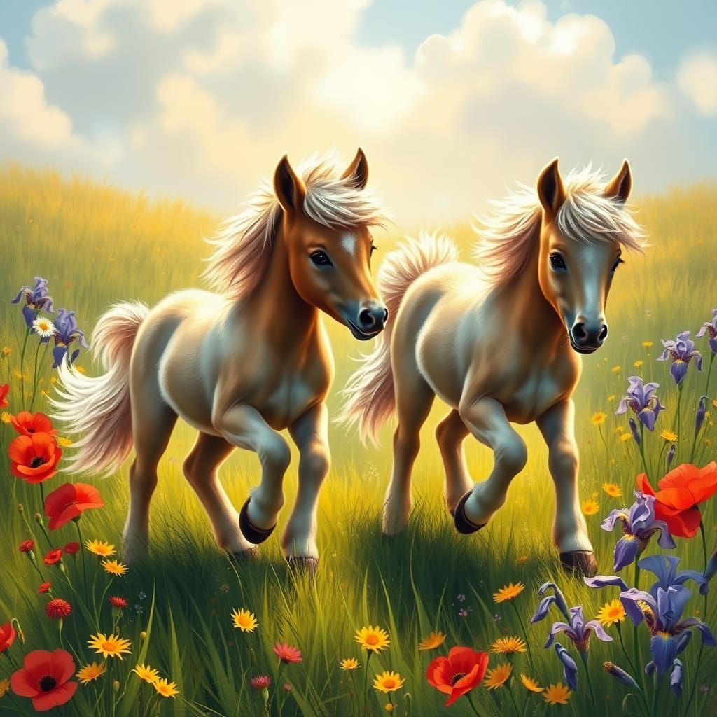Joyful Shetland Pony Foals in Vibrant Spring Meadow
