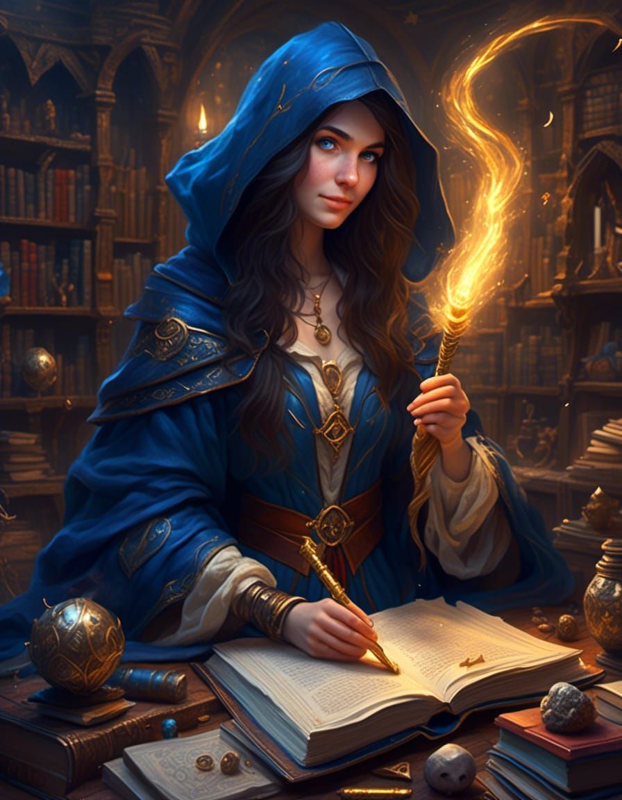 Female Wizardess in Study with Gold Rod