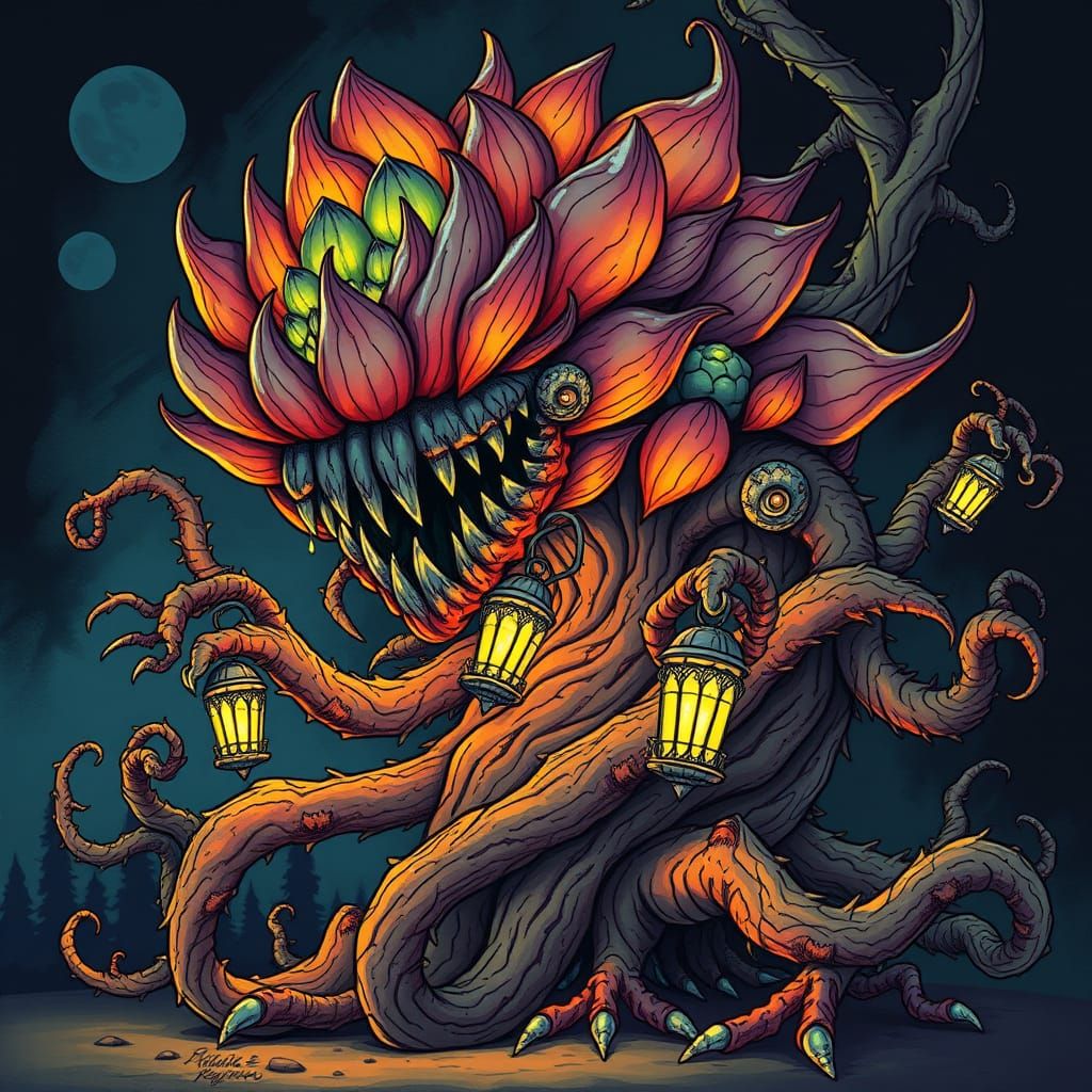 Fantastical, Hand-Drawn Plant Monster in Vibrant Cartoon Sty...