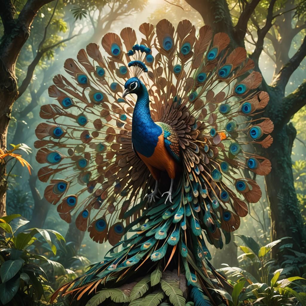 Vibrant African Peacock Sculpture in Forest