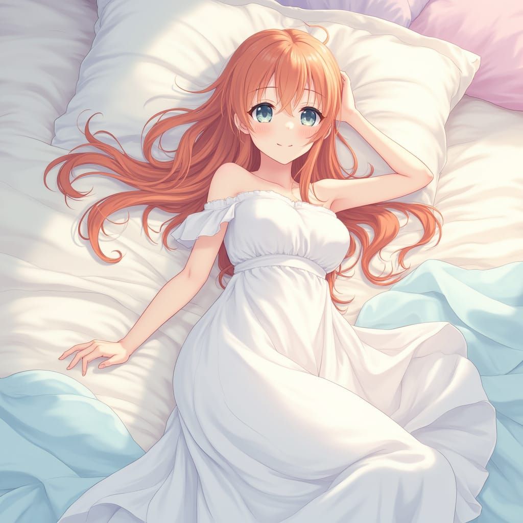 Anime Lady in Flowing Dress on Bed