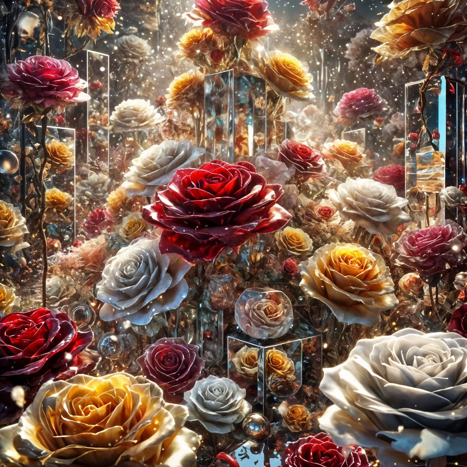 Ethereal Roses in a Dreamlike Mirror Garden