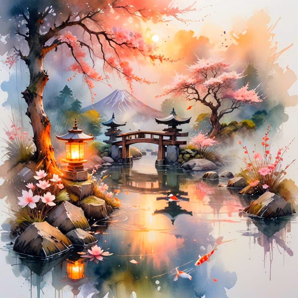 Serene Japanese Dawn: Mt. Fuji, Cherry Blossoms, and Koi Pon...
