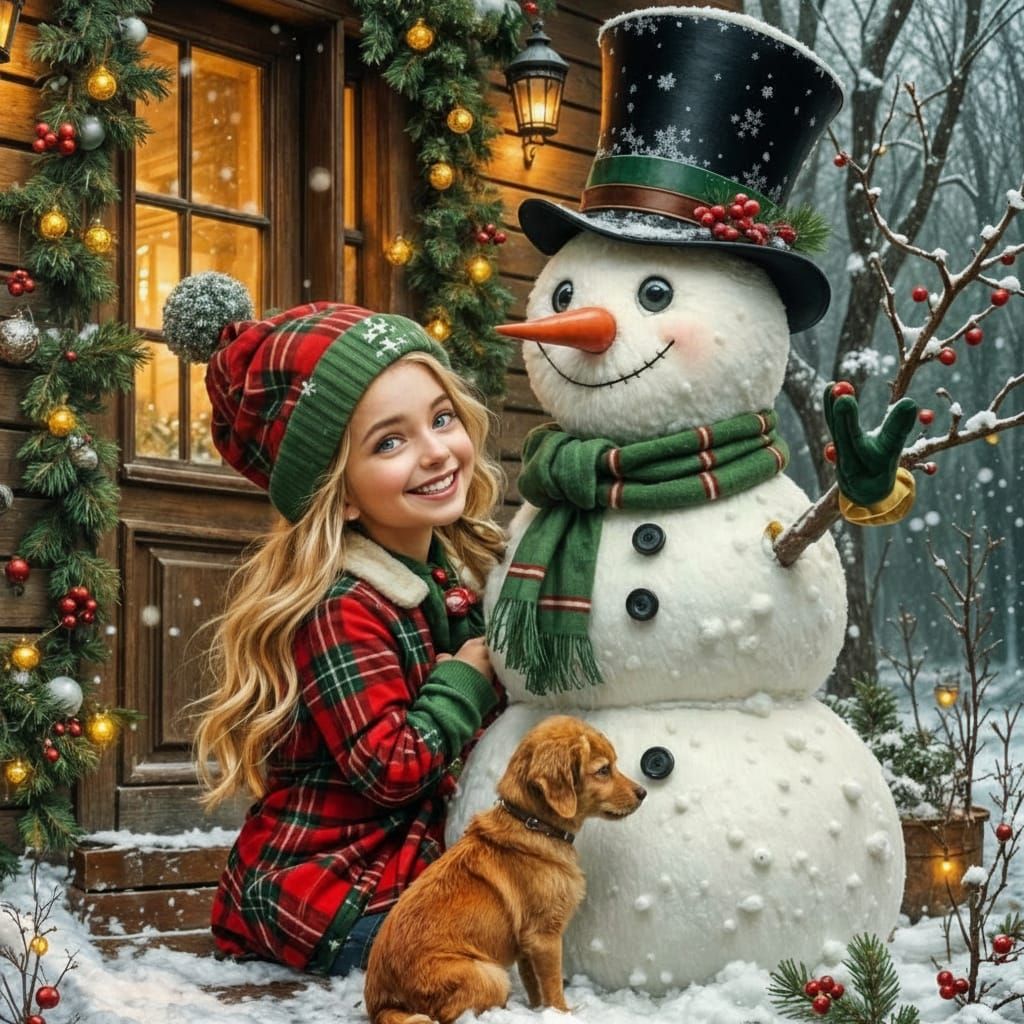 Girl and Snowman Christmas Scene with Dog