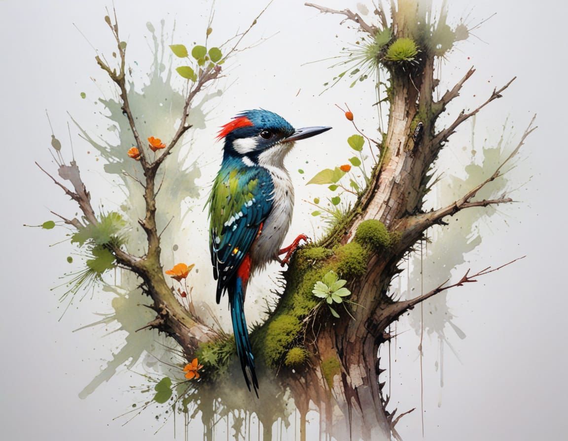 Whimsical Moss Bark Tree Woodpecker in Watercolour Style