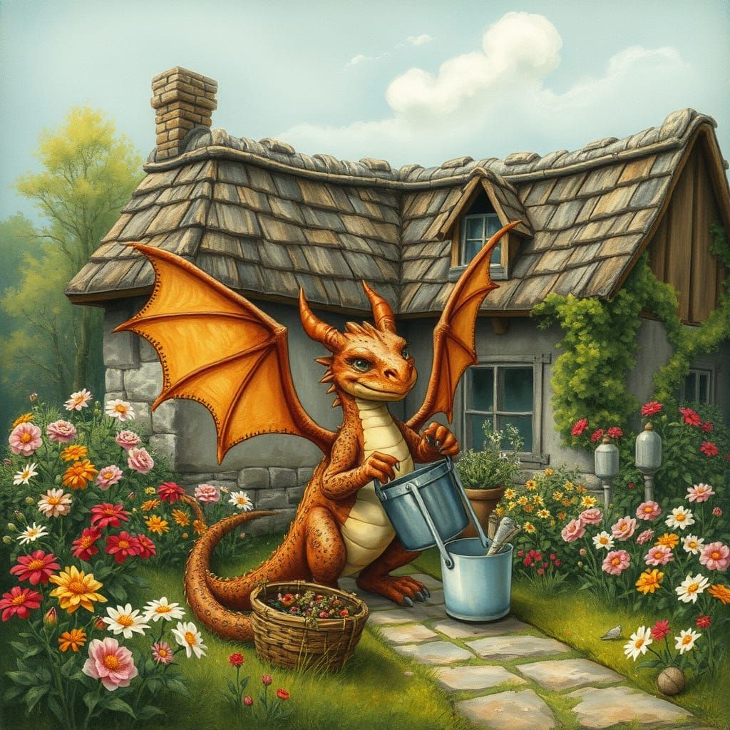 Whimsical Dragon Helps with Spring Cleaning in Front of a Ru...