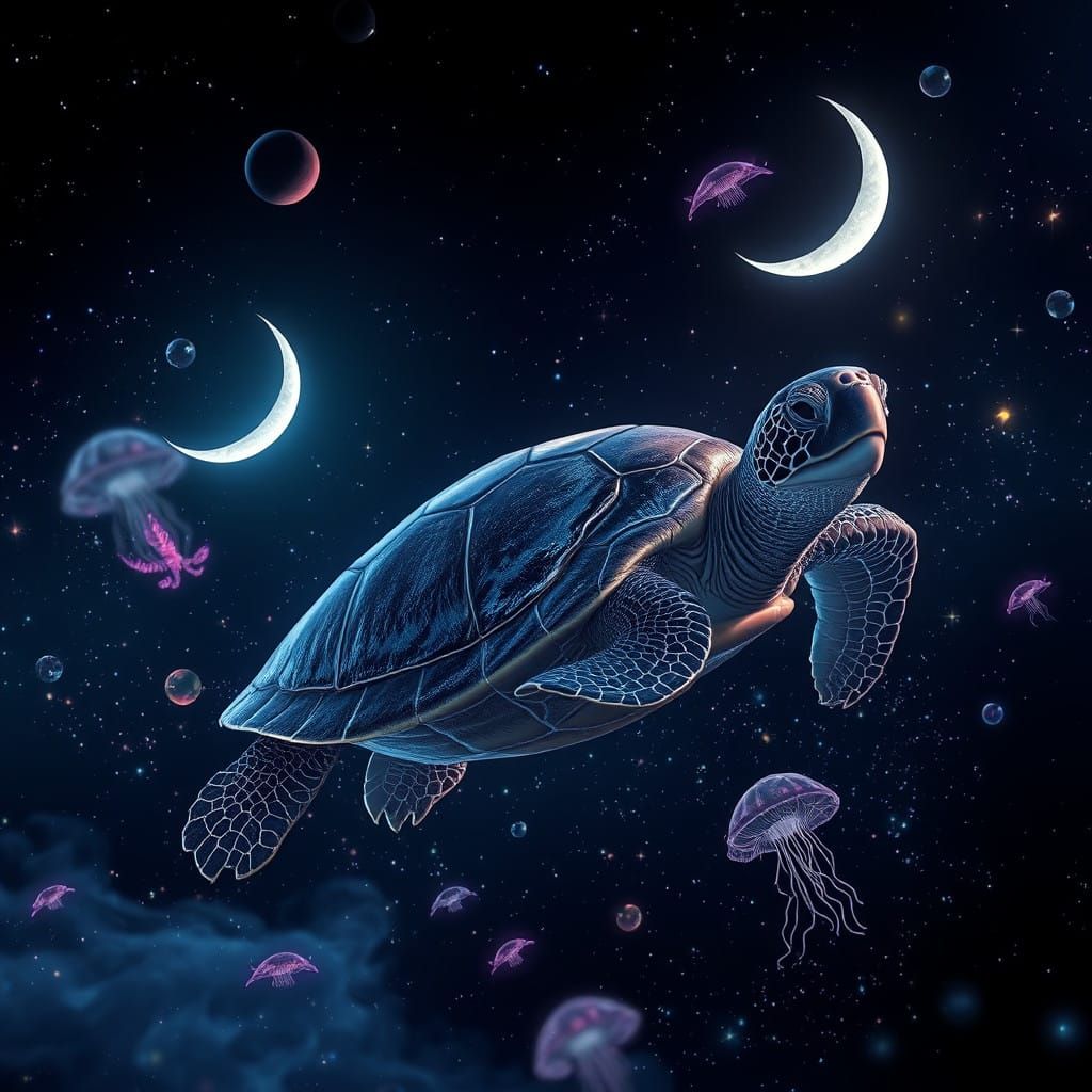 Majestic Turtle Dives Through Cosmic Ocean