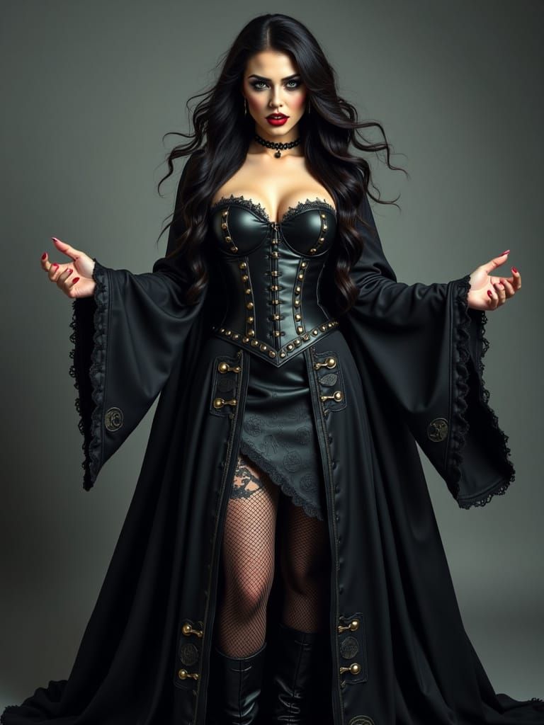 Witch in Seductive Studded Leather Corset with Rune-Engraved...