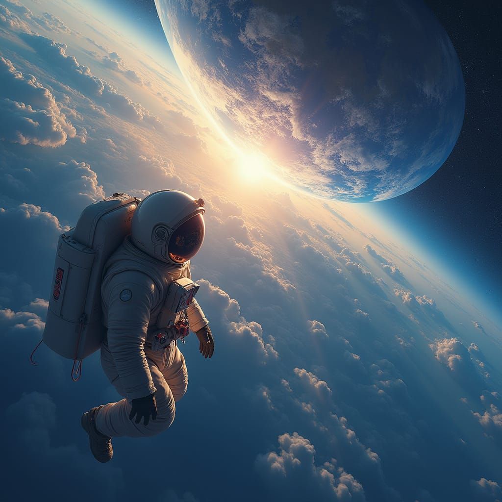 Astronaut Views Earth From Space in Golden Hour Glow