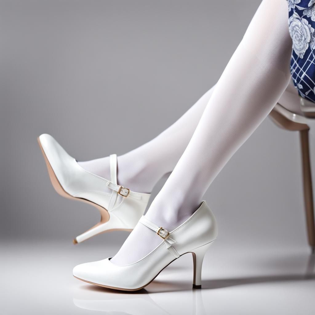 Woman's White High Heels and Pantyhose Close-Up