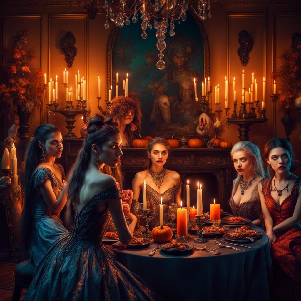 Halloween Witches Dinner in a Mansion, Hyperrealistic Art