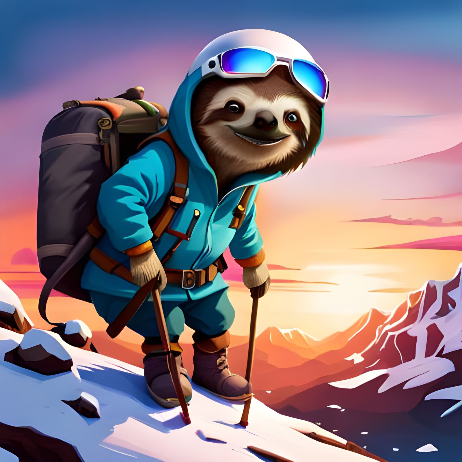 Sloth Mountaineer Climbing Snowy Peak: Digital Art