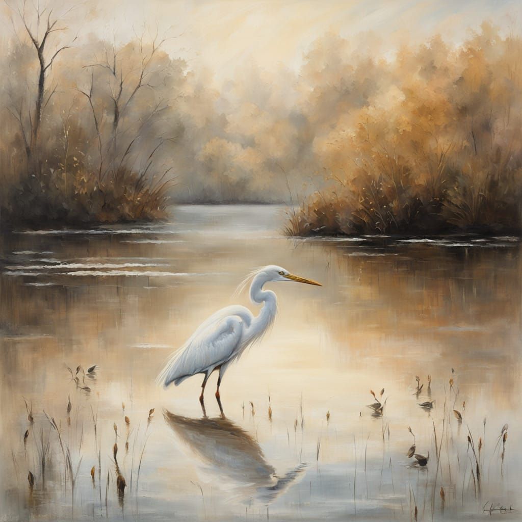 Ethereal White Heron in Golden Light, Oil on Cracked Canvas