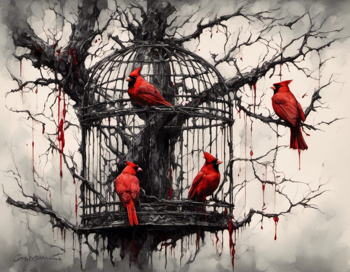 Black Cage hanging on a branch, red Cardinal birds sitting o...