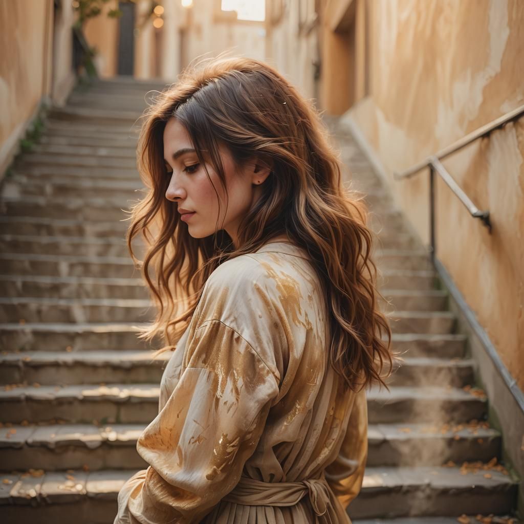 Woman on Staircase, Golden Oil Painting Style