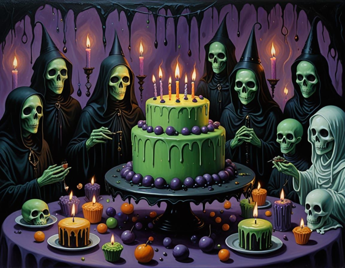 Surreal Haunted Birthday Party Oil Painting