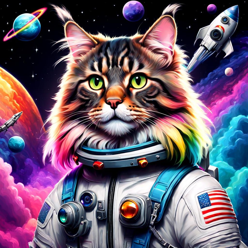 Mainecoon Cat in Rainbow Rocket Ship